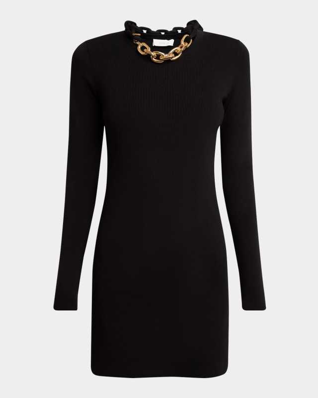 Chain-Necklace Long-Sleeve Mini Sweater Dress